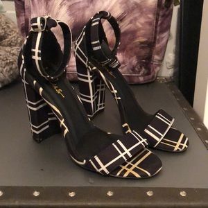 Black and white block heel strappy sandal